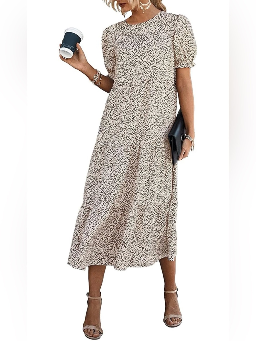 Tiered Leopard-Print Midi Dress in Beige and Black